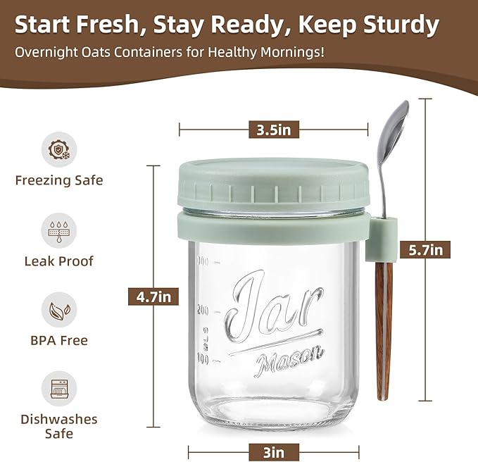 LANDNEOO 4 Pack Overnight Oats Containers with Lids and Spoons, 16 oz Glass Mason Jars with Airtight Lids, Overnight Oats Jars for Milk, Cereal, Fruit-Green