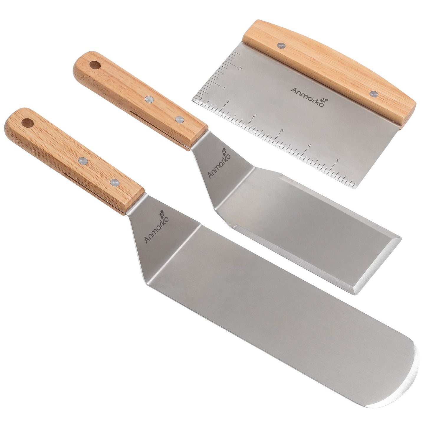 Anmarko Metal Spatula Stainless Steel Scraper - Professional Chef Griddle Spatulas Set of 3 - Heavy Duty Accessories Great for Cast Iron BBQ Flat Top Grill Skillet Pan - Commercial Grade