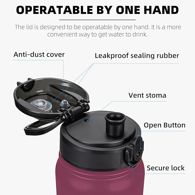 Fanhaw 32 oz Insulated Stainless Steel Water Bottle with Anti-Dust Chug Lid, Leakproof Vacuum Sports Bottle for Men & Women (Red Black)