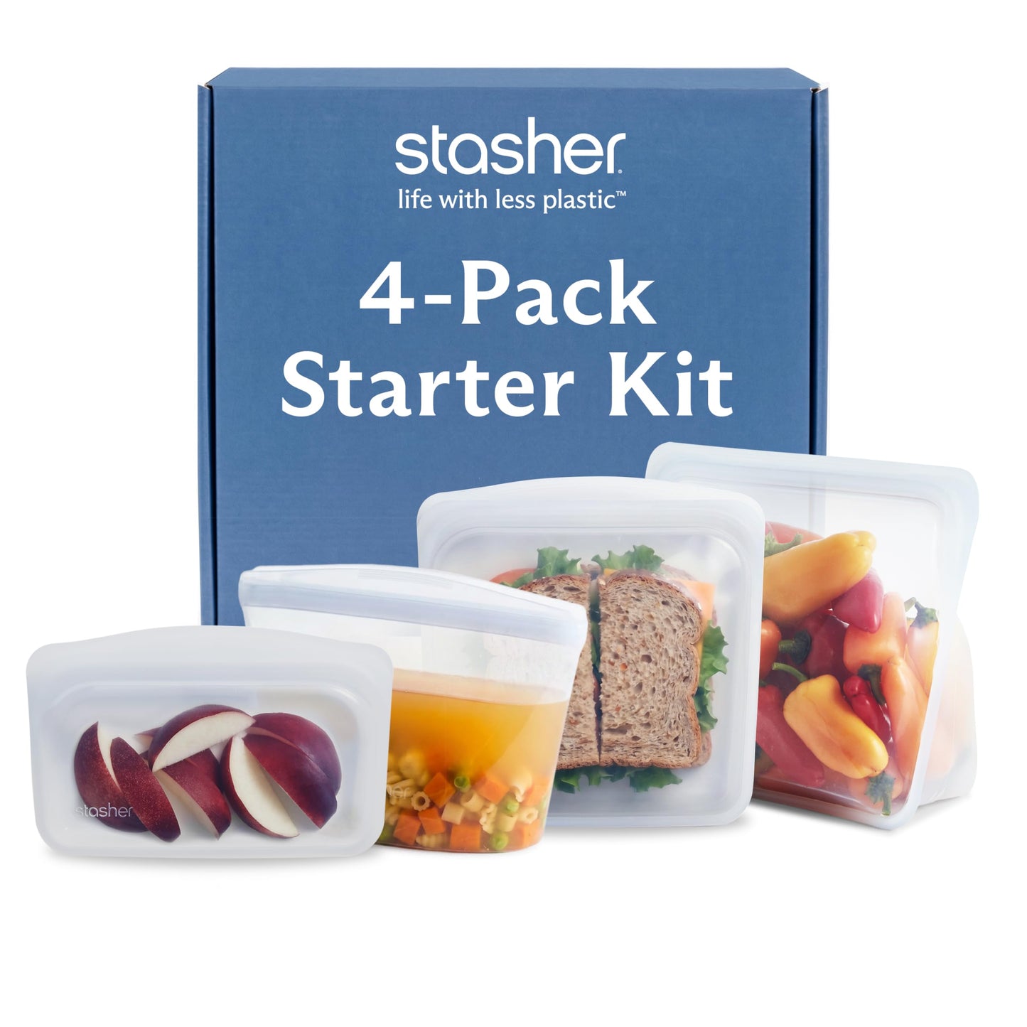 Stasher Premium Reusable Silicone Storage Bags, 4-Pack Starter Kit, Clear