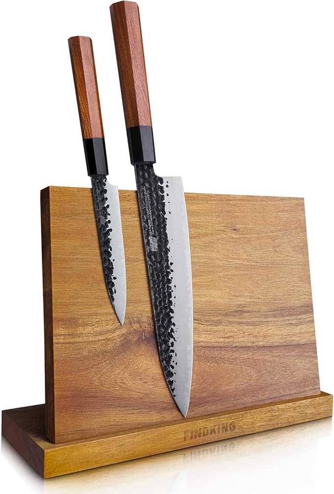 FINDKING Magnetic Knife Block, Double Sided Holder, Powerful Magnet Kitchen Storage, Acacia Wood and Blue Resin (12 x 10 Inches, Without Knives)
