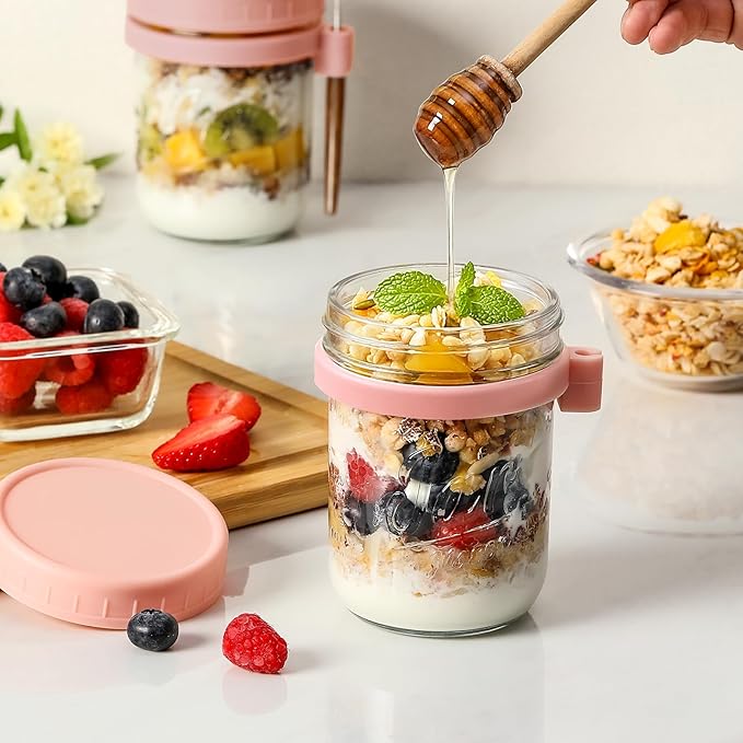 LANDNEOO 4 Pack Overnight Oats Containers with Lids and Spoons, 16 oz Glass Mason Jars with Airtight Lids, Overnight Oats Jars for Milk, Cereal, Fruit-Pink