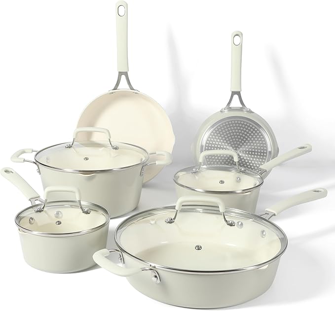 Martha Stewart Heathland 9.5 Inch Aluminum Cookware Non-Toxic Premium Ceramic Non Stick Frying Pan, Kitchen Egg Pan, Omelet, Pots and Pans, Linen White, Induction Safe