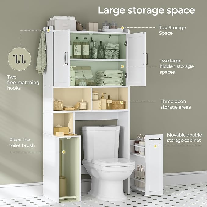 Over The Toilet Storage Cabinet with Pulley Small Bathroom Storage Cabinet, Space Saver W/Adjustable Shelf & Open Shelf for Bathroom, Restroom, Laundry (White)