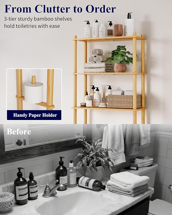 Kitsure 3-Tier Bamboo Over The Toilet Storage Cabinet, Bathroom Organizer and Above Toilet Shelf with Paper Holder, Freestanding Space Saving Rack with Wall Anchor, Natural (63” H)