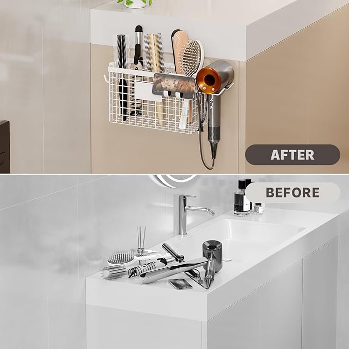 Hair Dryer Holder Cabinet Door 3-in-1 Adhesive Hair Tool Organizer Wall Mounted Adjustable Height Blow Dryer Holder Under Sink Bathroom Hair Appliance Organizer and Storage Countertop(White)