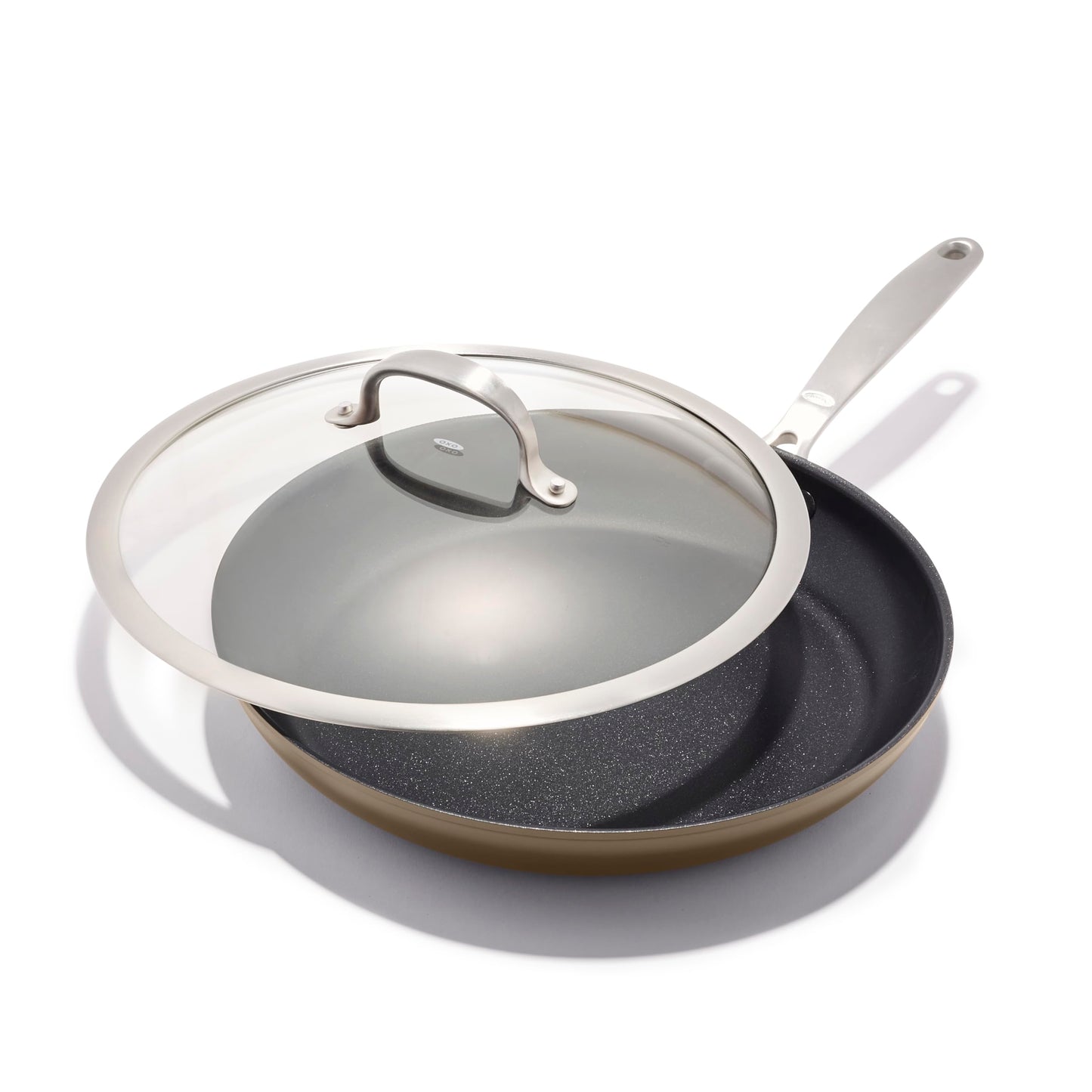 OXO Enhanced 12” Nonstick Frying Pan Skillet, Ceramic PFAS-Free Cookware, Stainless Steel Handle, Eggs & Omelets, Dishwasher & Oven Safe, Biscuit Brown