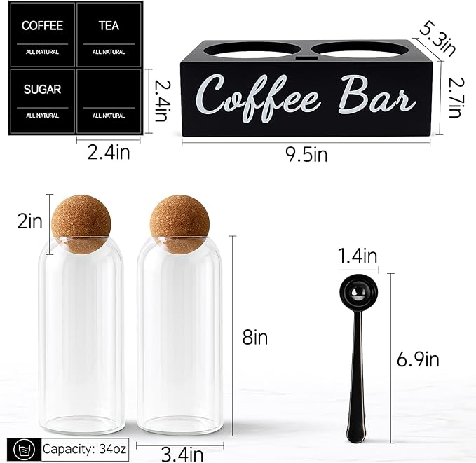 TRIFOLIC Coffee Container Set of 2 – 34oz Airtight Glass Coffee Bean Storage Jars with Wooden Lids, Metal Scoop & Wooden Base, Coffee Bar Organizer for Countertop, Tea & Sugar Canisters with Labels