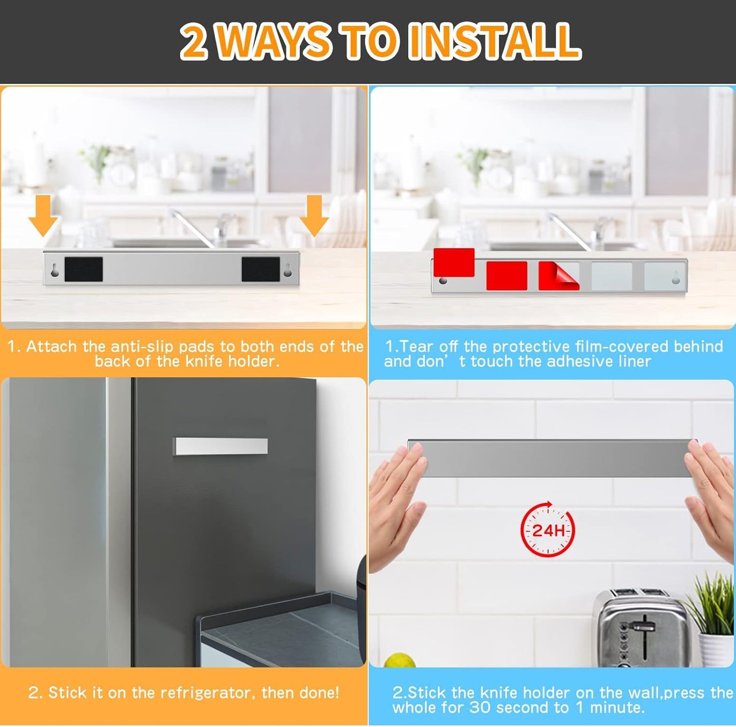 Ninonly 20 Inch Magnetic Knife Holder for Refrigerator, Stainless Steel Double Sided Magnet Knife Strip for Wall, No Drilling Magnetic Knife Rack with Powerful Magnetic Pull Force Fridge Applicable
