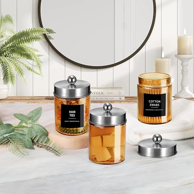 3 Pack Apothecary Jar Canisters Bathroom Vanity Organizer - Qtip Holder Storage Organizer Set Countertop Canister with Stainless Steel Lids &Cute Stickers for Qtips,Cotton Swabs,Makeup Sponges,Floss
