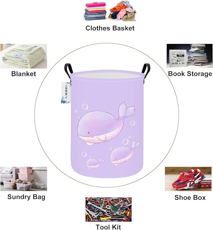 Round Foldable Girls' Storage Basket Kids Laundry Hamper Purple Gift Basket Suitable For Home Decoration and Toy Storage(Purple Whale)