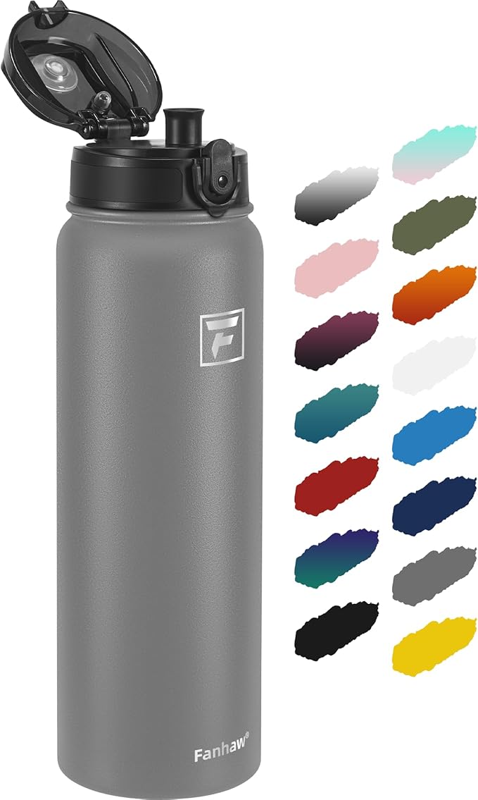 Fanhaw 32 oz Insulated Stainless Steel Water Bottle with Anti-Dust Chug Lid, Leakproof Vacuum Sports Bottle for Men & Women (Gray)