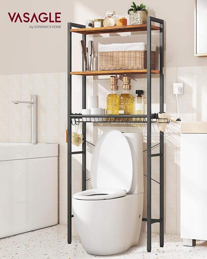 VASAGLE Over The Toilet Storage, Over Toilet Bathroom Organizer with Adjustable Shelves and Basket, 3 Hooks, Space Saving, 9.4 x 23.6 x 63 Inches, Rustic Brown UBTS113KD01S