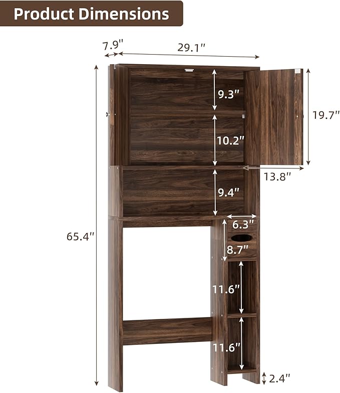 Shintenchi Over The Toilet Storage Cabinet, Bathroom Storage Cabient with Barn Doors, Bathroom Storage Shelf Organizer with Toilet Paper Holder, Adjustable Shelf and Anti-Tip Device, Walnut