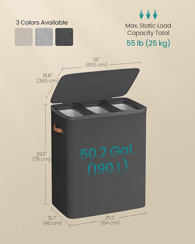 SONGMICS Laundry Basket, 50.2 Gal. Laundry Hamper, 3 Compartments, Easy Assembly, with Lid and Handles, Removable Liners, 25.2 x 15.7 x 29.5 Inches, Ink Black ULCB814BH01
