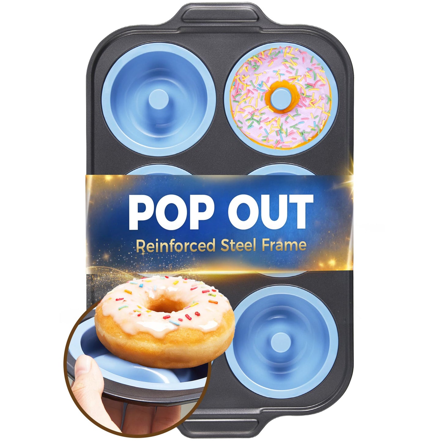 BRONYPRO Silicone Donut Pan for Baking with Metal Reinforced Frame, 6-Cavity Nonstick Doughnut Mold, Large Donut Size, Food-Grade Bakeware, Oven Dishwasher Freezer Safe, Blue
