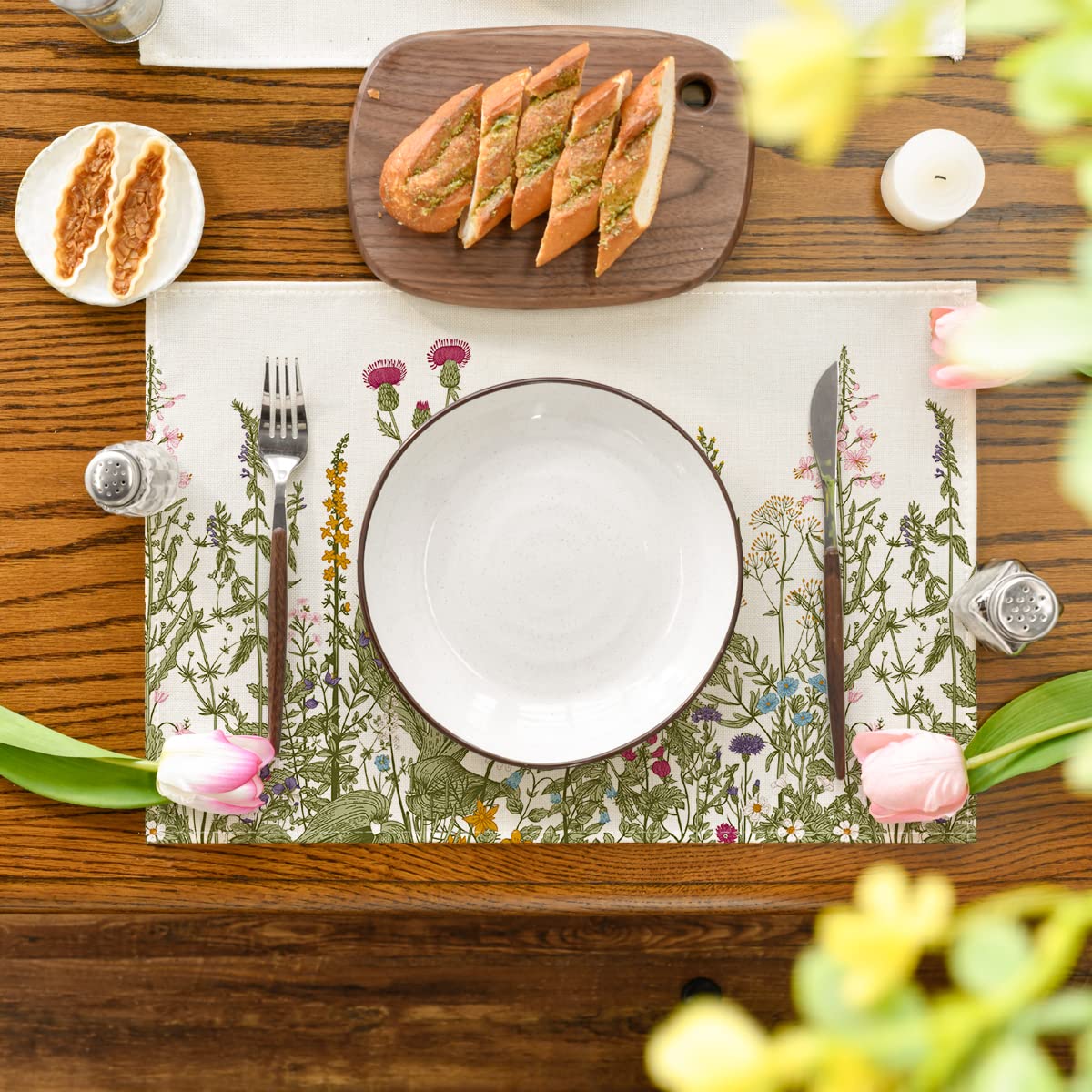 Artoid Mode Antique Herbs and Wild Flowers Summer Placemats Set of 4, 12x18 Inch Seasonal Wildflower Spring Table Mats for Party Kitchen Dining Decoration