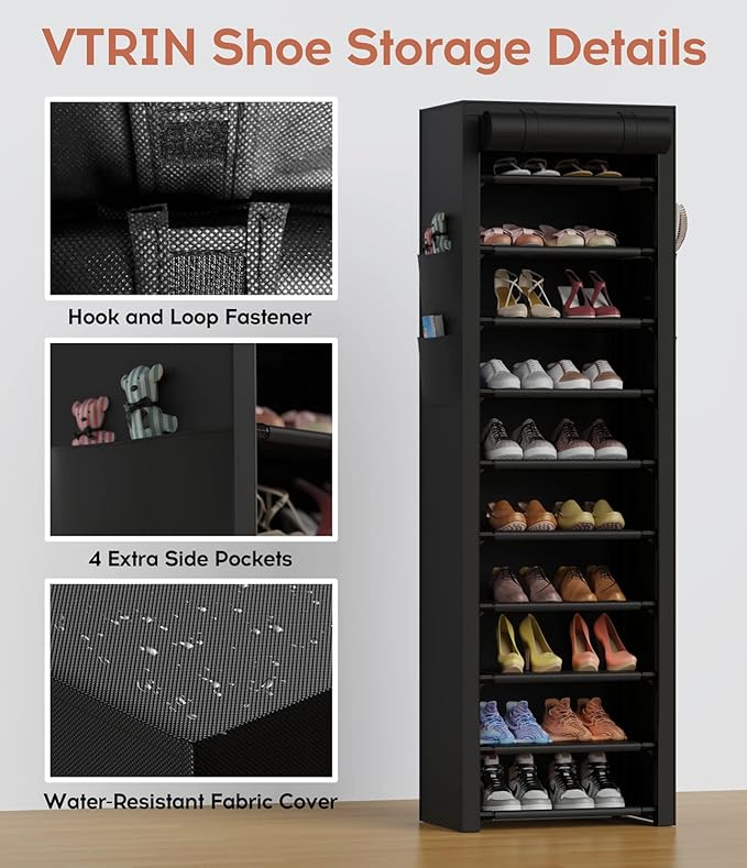 VTRIN Vertical Narrow Shoe Rack Organizer 10 Tier Tall Shoe Shelf Holds 20-22 Pairs with Non-Woven Dustproof Cover for Closet, Entryway Black
