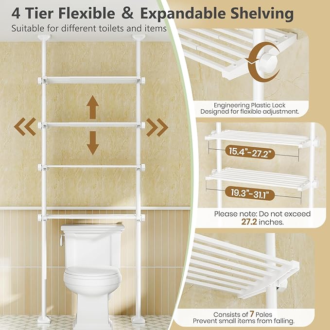 Bonpally Over The Toilet Storage Shelf, 4-Tier Adjustable Bathroom Organizer, No Drill Tension Mounted Shelves Metal, Space-Saving Bathroom Cabinet Rack Above Toilet for Small Bathroom Rooms, White