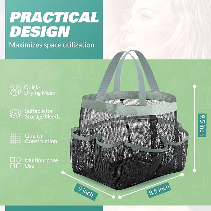 Mesh Shower Caddy Portable for College Dorm Room Essentials with 8 Pockets,Shower Bag for Beach,Swimming,Gym,Travel,Bathroom(Grey)