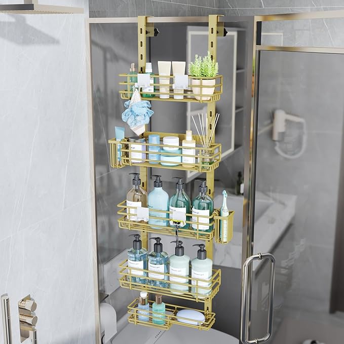 Consumest Over The Door Shower Caddy - 5 Tier Adjustable Shower Organizer Hanging with 2 Toothbrush Holders & 4 Hooks, Rustproof Organizer Shelf, Storage Rack for Bathroom, Gold