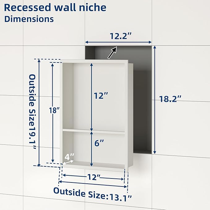 Neodrain 12X18 Inch White Double Shelf Stainless Steel Shower Niche, No Tile Needed Bathroom Shelf, Two Layer Recessed Built-in Wall Niche