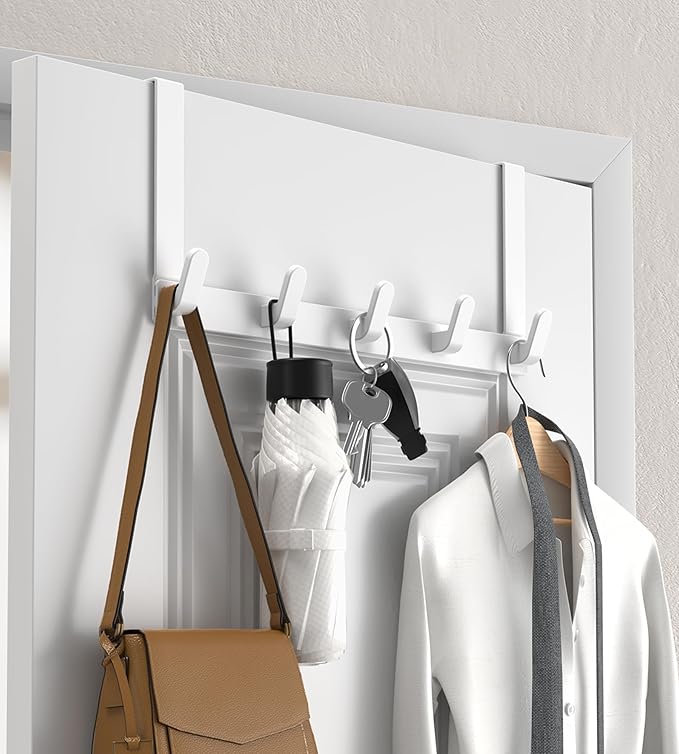 Over The Door Hooks Hanger with Extended Arms, Fits 1 3/8" Doors, L7U - Coat Rack, Bathroom Accessories and Towel Organizer Holder for Coat Robe Hat - 1 Pack, Glossy White