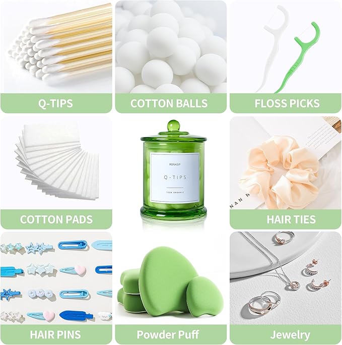 Qtip Holder & Cotton Pad Dispenser, Bathroom Organizer and Storage Canisters, 16oz Glass Apothecary Jars for Kitchen, Restroom - Home Decor Accessories, Room Decor Aesthetic (2 Pack, Green)
