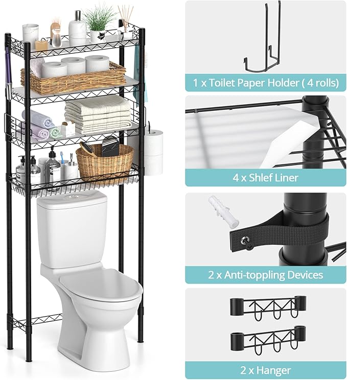 Over Toilet Bathroom Organizer, Adjustable 4-Tier Over The Toilet Storage Shelf Sturdy Bathroom Shelves, Freestanding Above Toilet Storage Rack Stable Bathroom Space Saver, Black