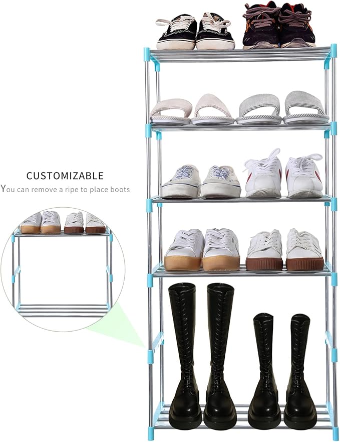 Stackable Small Shoe Rack, Entryway, Hallway and Closet Space Saving Storage and Organization (3-Tier, Blue)