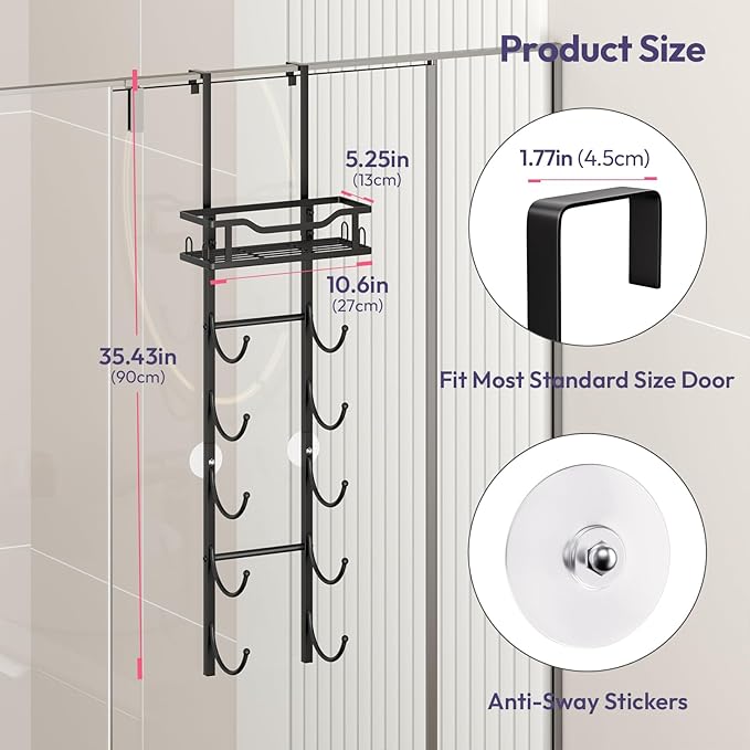 SWTYMIKI Over The Door Towel Rack - 6 Tier Towel Racks for Bathroom Wall Mounted, Towel Holder with Shelf, Hanging Rolled Towel Storage Organizer for Small Bathroom, Camper, RV, Black