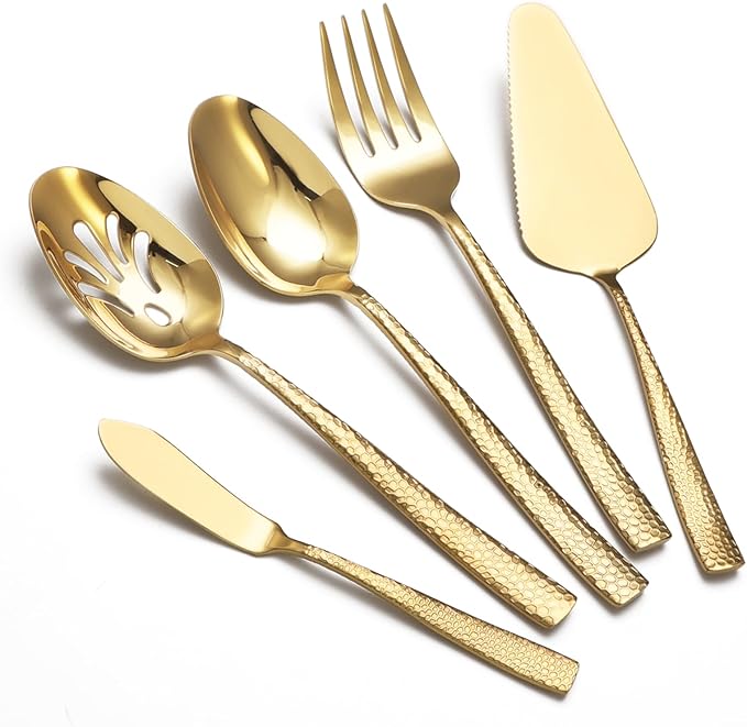 Large Hostess Serving Utensils Set, Stainless Steel Heavy Duty Hammered Serving spoons, Slotted Spoons, Serving Fork, Cake Server, Butter Knife, Dishwasher Safe（Black）