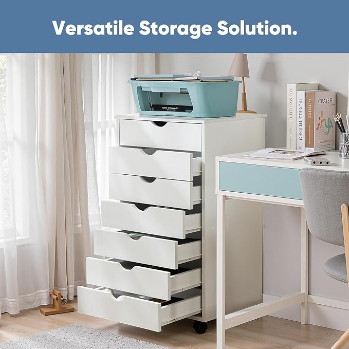 OLIXIS 7 Drawer Mobile File Cabinet Under Desk Storage Organization with Wheels Vertical Filing Chest Rolling Wood Small Desk Printer Stand for Home Office, 15.75"D x 18.74"W x 34.25"H, White