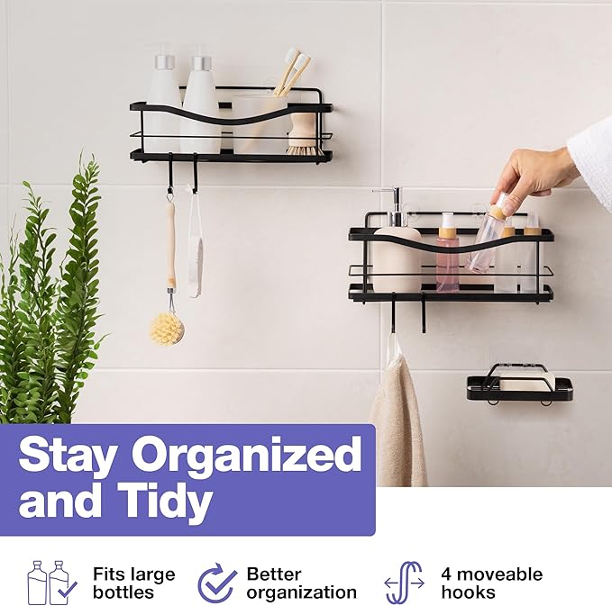 KINCMAX Shower Caddy and Soap Holder Set, Rustproof SUS304 Stainless Steel, Adhesive Wall Mount Double Baskets 2-pack with Hooks (Matte Black)