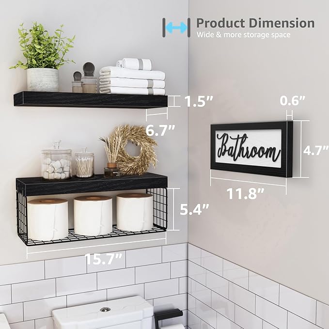 QEEIG ‎Bathroom Shelves Over Toilet - Paper Storage Wall Mounted Farmhouse Decor Decorations Aesthetic Décor Sign Small Floating Shelf 2+1 Set 16 inch, Black (020B)