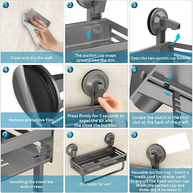 Onemake Shower Caddy Suction Cup, 1 Pack 11.8 inch Aluminum Suction Showers Organizer with Towel Bar & Hooks, Rustproof Shower Shelf, NO-Drilling Bathroom Shelf Storage Rack, Gray