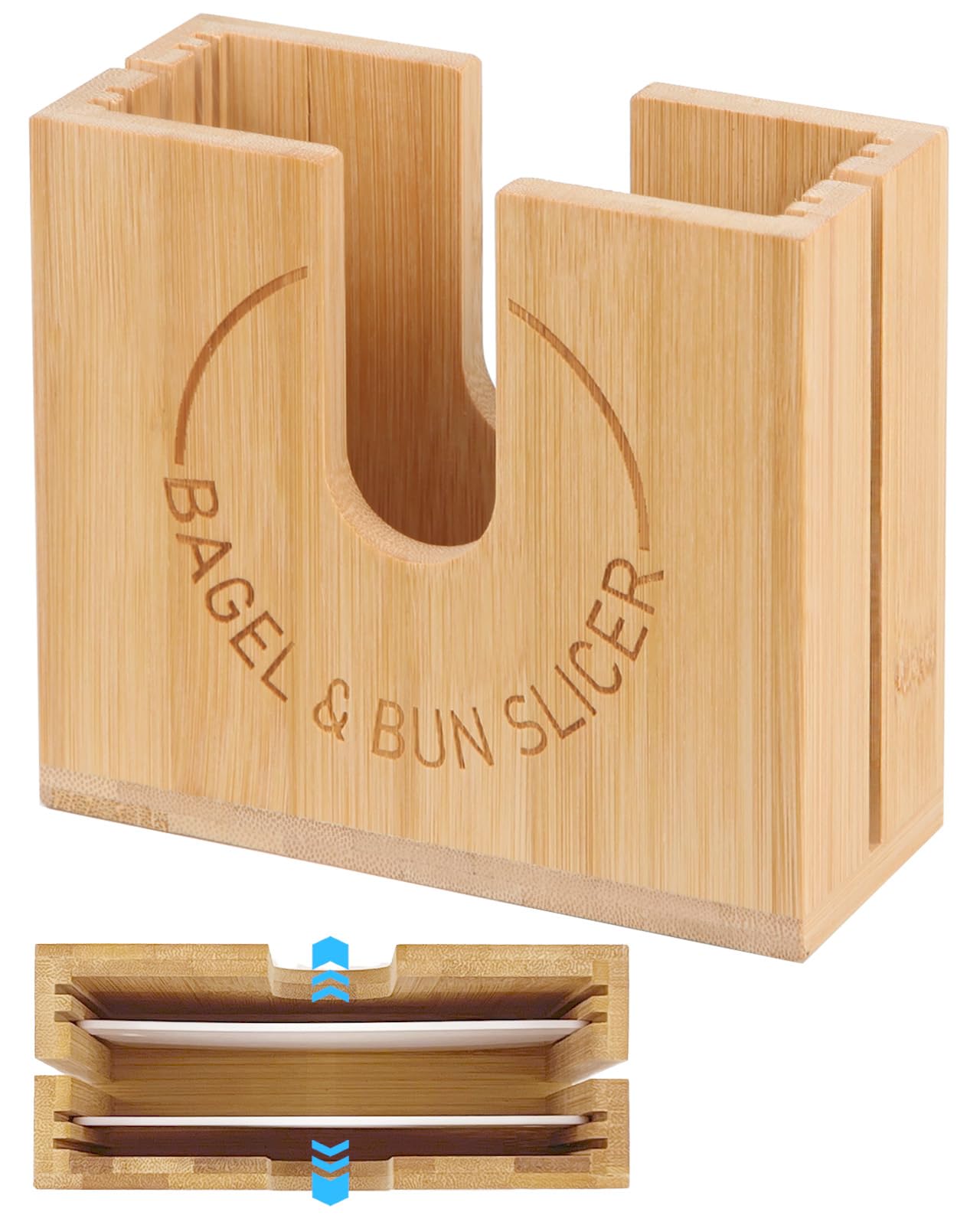 Large Adjustable Bagel Slicer Holder | Acacia Wood Bagel Cutting Holder with Width-Adjustable Slots for Small & Large Bagels, Buns & English Muffins, Knife Groove & Non-Slip Base