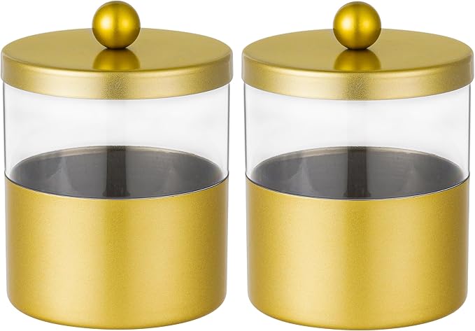 Gaussra Gold Qtip Holder, Apothecary Jars - Stainless Steel Bathroom Jar with Stickers - Farmhouse Decor Qtip Dispenser for Qtips, Cotton Balls, Swabs, Makeup Sponges (2-Pack)
