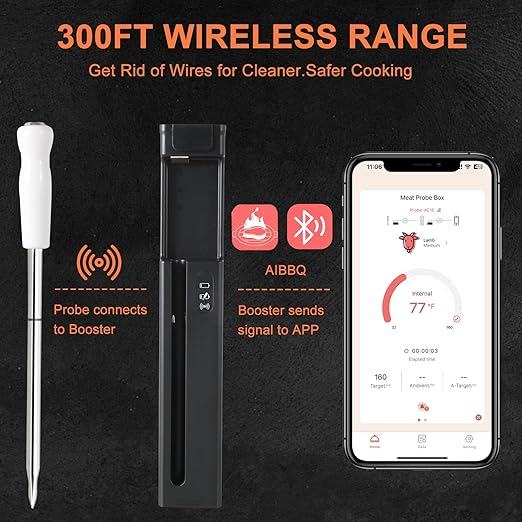Wireless Smart Digital Bluetooth Meat Thermometer, Instant Temperature Reading, Suitable for Kitchen Cooking, Food Baking, BBQ, Smoker, Rotisserie, Gas Oven, Grill Thermometer for Outside Grilling