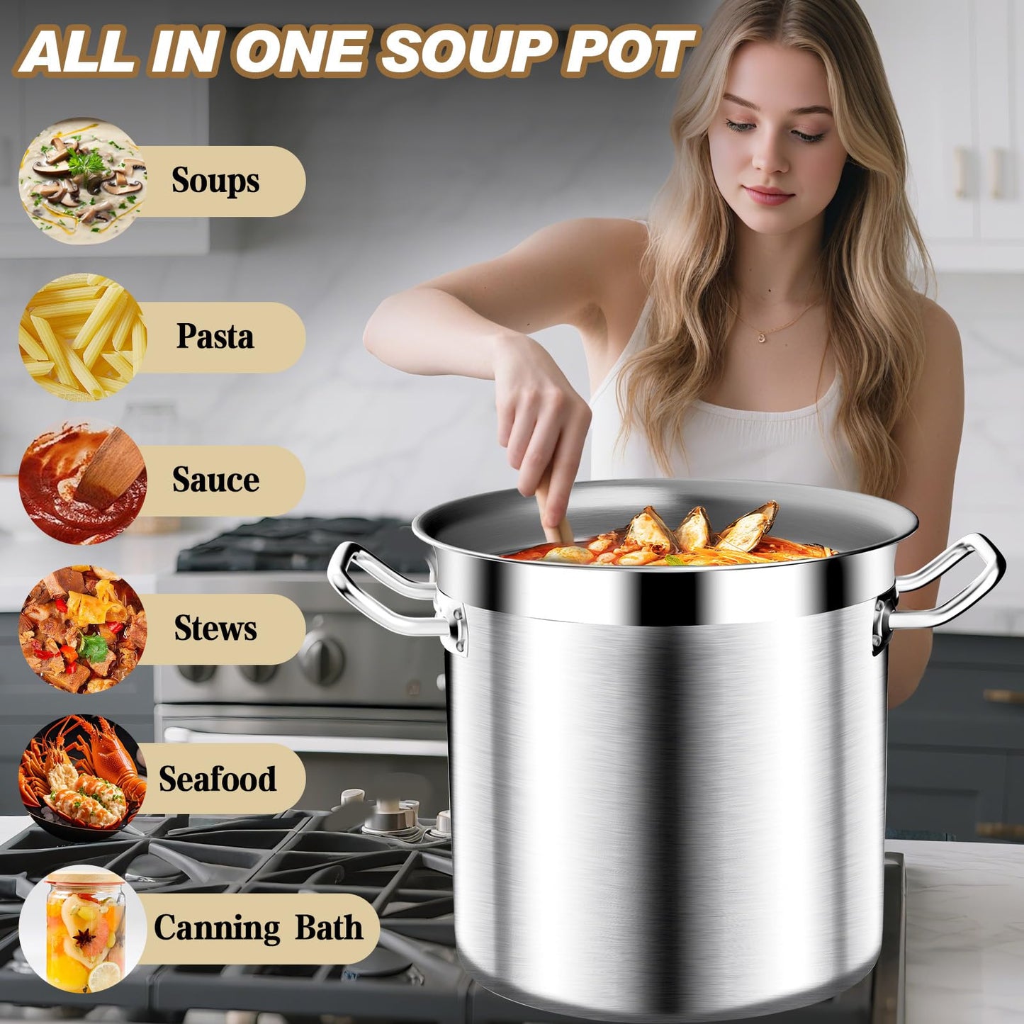 Large Stock Pot - 35QT Stainless Steel Stockpot with Lid, Heavy Duty Tri-Ply Bottom Commercial Grade Stock Pot - Big Pots for Cooking Soup Stew Canning Cooking Pots Even Heat Distribution