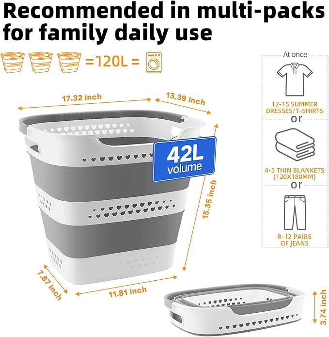 3 Pcs 42L Medium Collapsible Plastic Laundry Basket with Handles, Foldable Laundry Basket Hamper, Pop Up Storage Container Organizer for Washing Storage (Gery, 17 Inch * 13 Inch * 15 Inch)