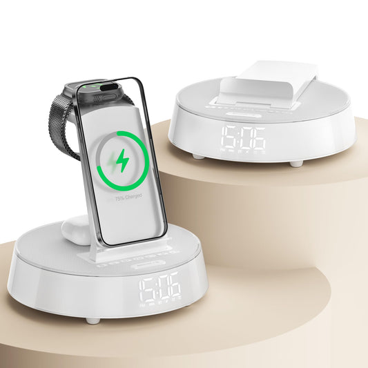 Alarm Clocks for Bedrooms with Wireless Charging Station, iPhone Charging Station with Dimmable Night Light Bluetooth Speaker, Wireless Charger for iPhone 16 15 14 13 Pro Max, Apple Watch, AirPods 3