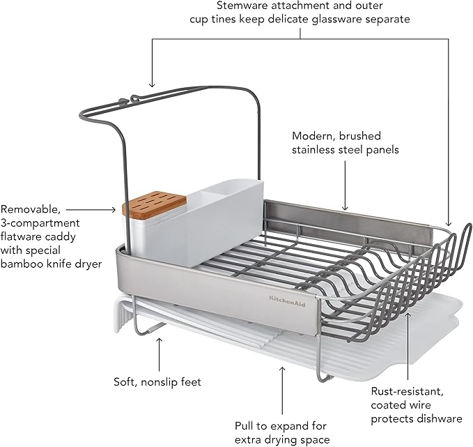 KitchenAid Full Size Compact to Full Capactiy Expandable Rust Resistant Dish Rack, with Self Draining Angled Drainboard and Removable Flatware Caddy, 24-Inch, White