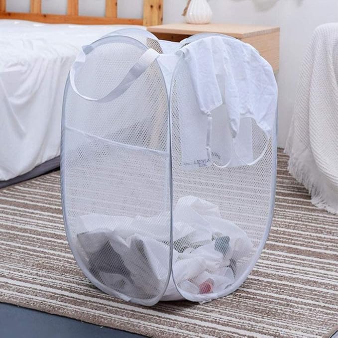 Larpur Popup Laundry Basket, Mesh Clothes Hamper Portable Laundry Hamper with Reinforced Carry Handles, Collapsible for Storage (White)