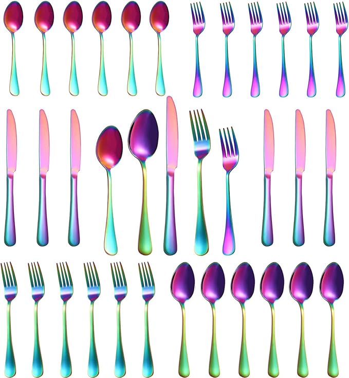 Rainbow Silverware Set,30-Piece Stainless Steel Flatware Set for 6