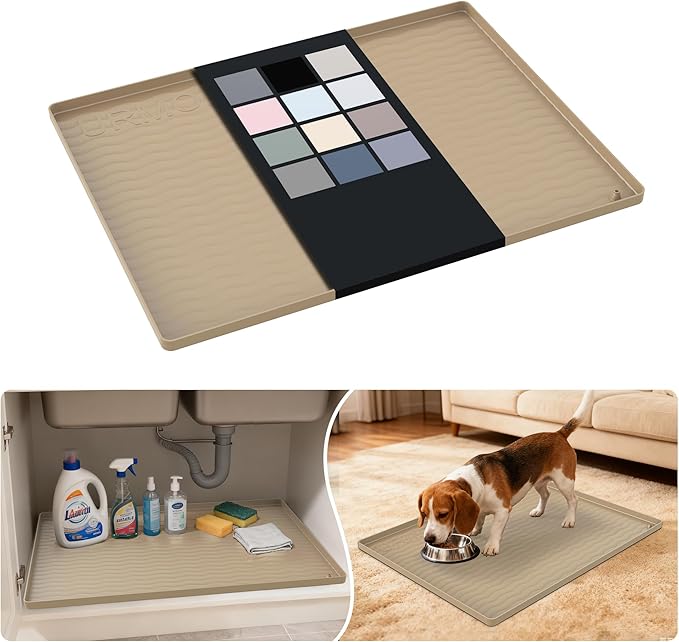 URMONA Waterproof Silicone Under Sink Mat 25'' x 19'' Shelf Liner for Kitchen and Bathroom, Cabinet and Counter Protector, Storage and Organizers, Litter Mat, Pet Cat Puppy Essentials(Khaki)