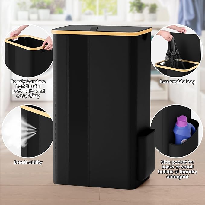 BlissTotes Laundry Basket with Lid, 100L Clothes Laundry Hamper with Handles and Removable Laundry Bag, Breathable Design Hamper with Lid for Bedroom, Bathroom, Dorm, Laundry Room - Black