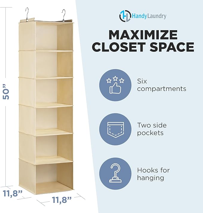 Handy Laundry Hanging Closet Organizer - 6 Shelf Storage for Clothes, Sweaters, Shoes & Accessories - Space-Saving Wardrobe Shelves with Hooks for Dorm, RV & Small Closet Organization (Beige)