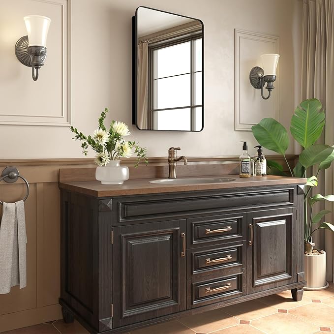 20x28 Inch Medicine Cabinet with Mirror for Bathroom, Black Aluminum Bathroom Medicine Cabinet, Recessed or Wall Mount Medicine Chest Over Sink, Modern Farmhouse Style, Fully Assembled