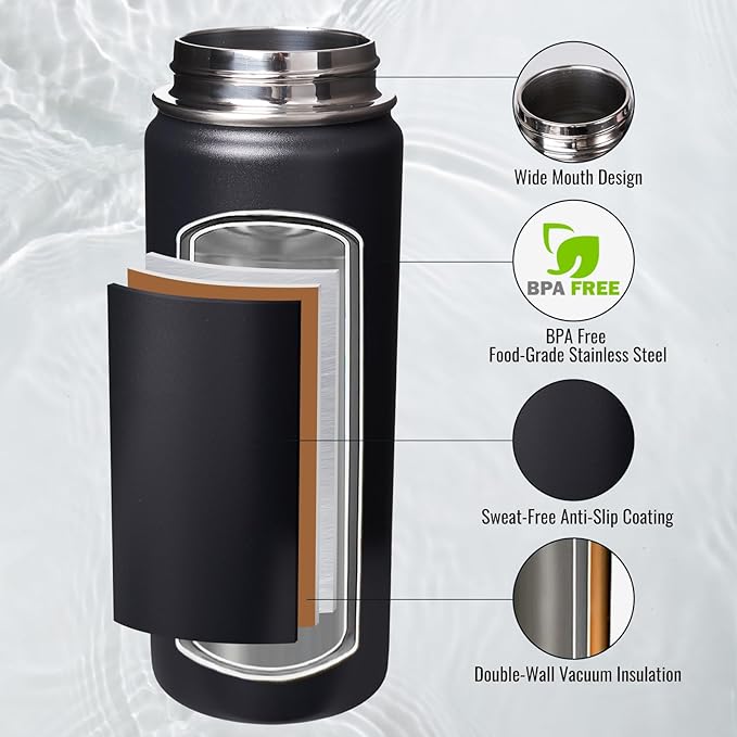 18 oz Insulated Water Bottle with Handle, 304 Stainless Steel Water Bottles with Wide Mouth, Double Wall Vacuum Sports Water Bottle, BPA Free, Keep Cold and Hot, Black